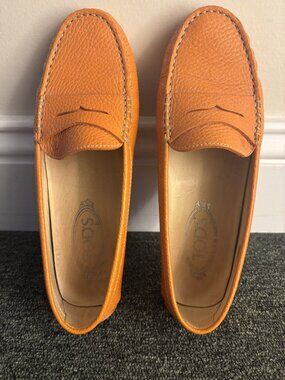 Tods Leather Loafers, Size 38, Orange, Gently Used